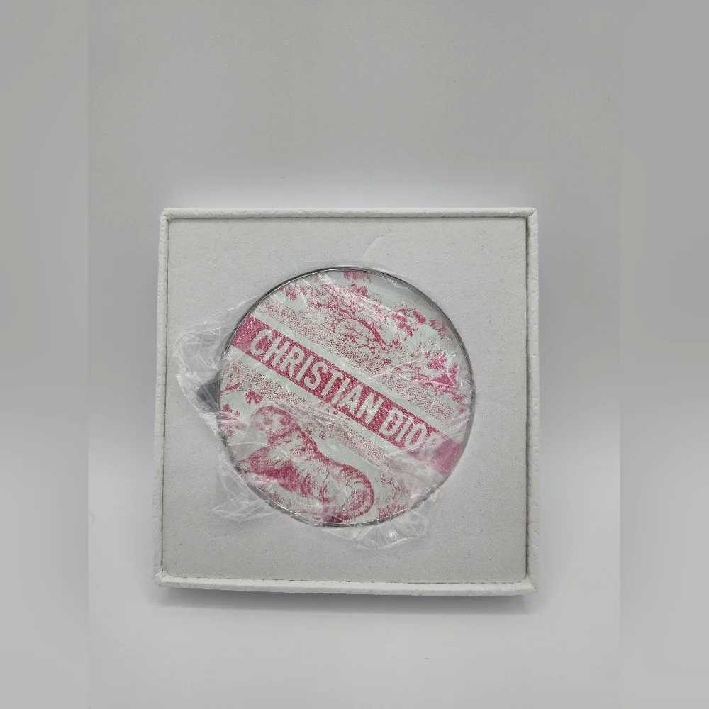 Christian Dior Paris Toile Pocket Mirror Pink White Round Compact NIB